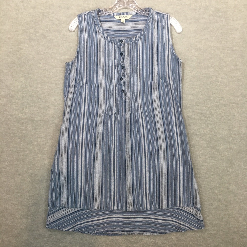 Briggs M Blue Striped Shift Dress Linen Blend Henley Pockets Buttons Popover
